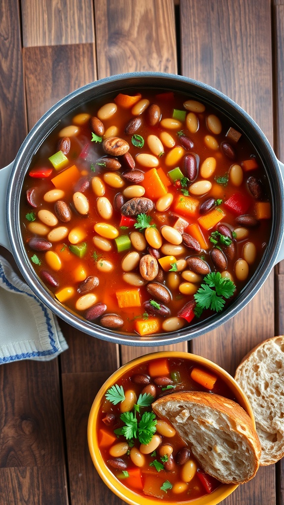 A bowl of hearty 7 bean soup with colorful beans and vegetables, garnished with parsley, on a rustic table with bread.